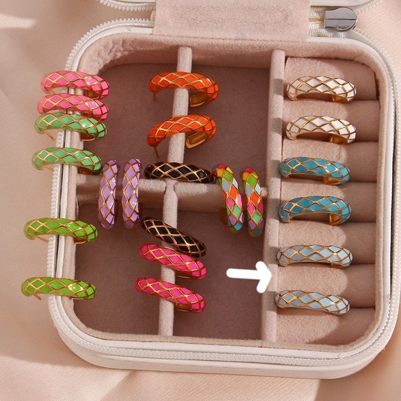 Light Blue Geometric Pattern Hoop Earrings 18K Gold Plated Stainless - Picture 4 of 5